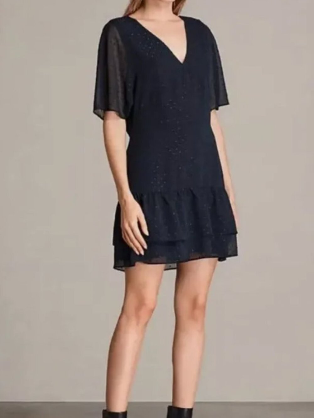 ALLSAINTS Women 6 Marley‎ Shimmer Embroidered Flutter Sleeve Dress Mystic Blue